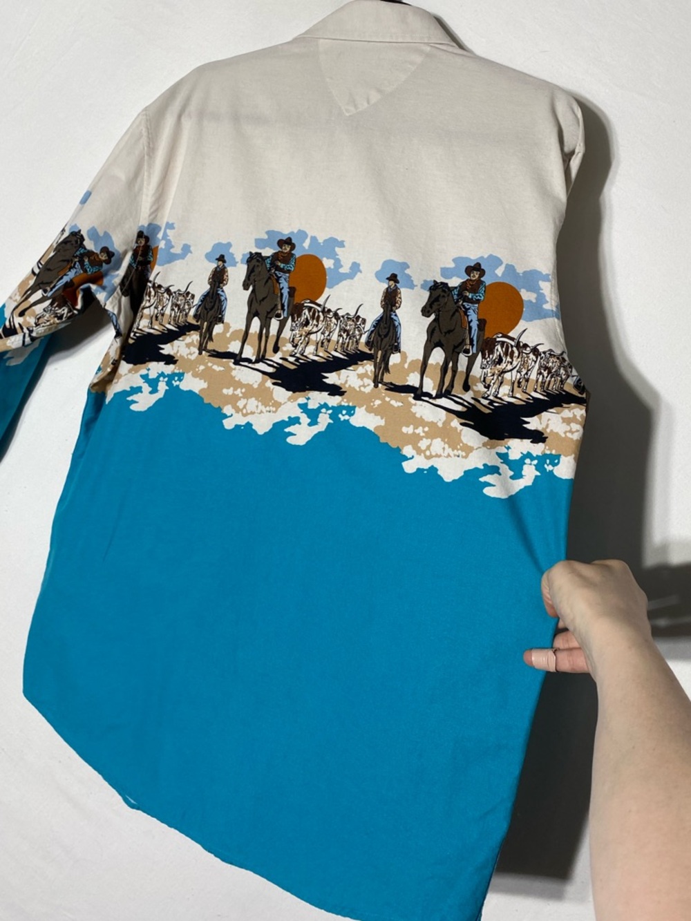 Vintage 90s Panhandle Slim Cowboy Border Print Pearl Snap Western Shirt L - Picture 8 of 14